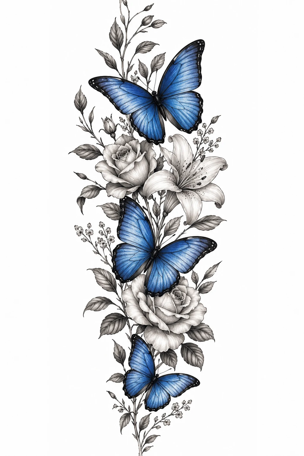 Blue Morpho Botanical Sleeve — floral and butterfly sleeve tattoo style outfit