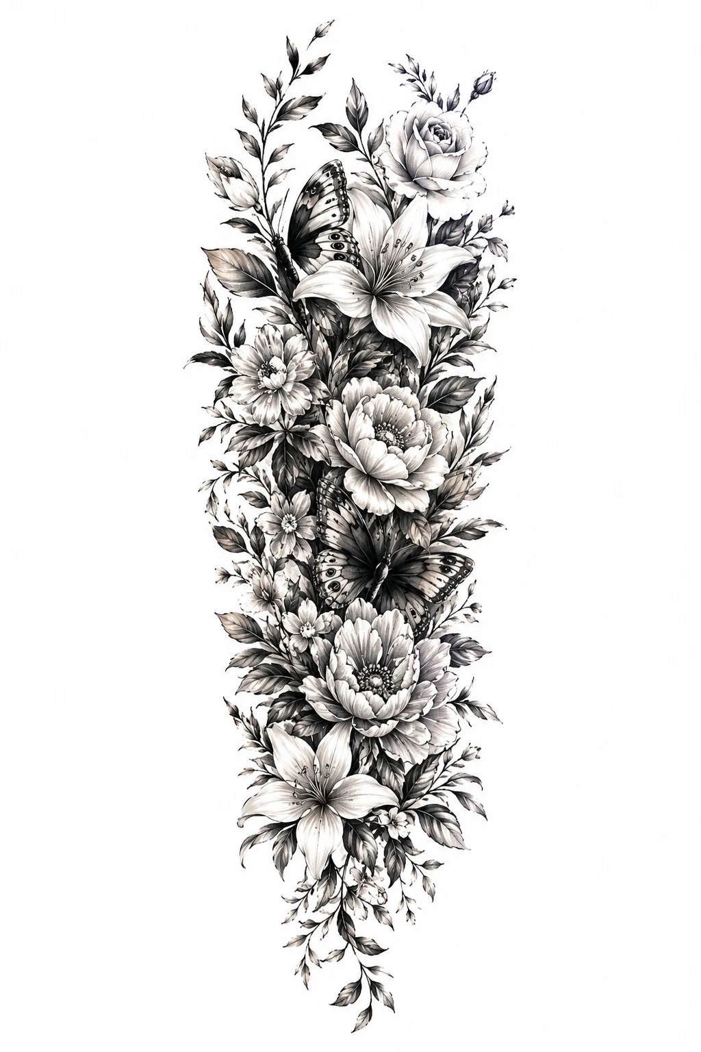 Botanical Sleeve With Hidden Butterflies — floral and butterfly sleeve tattoo style outfit
