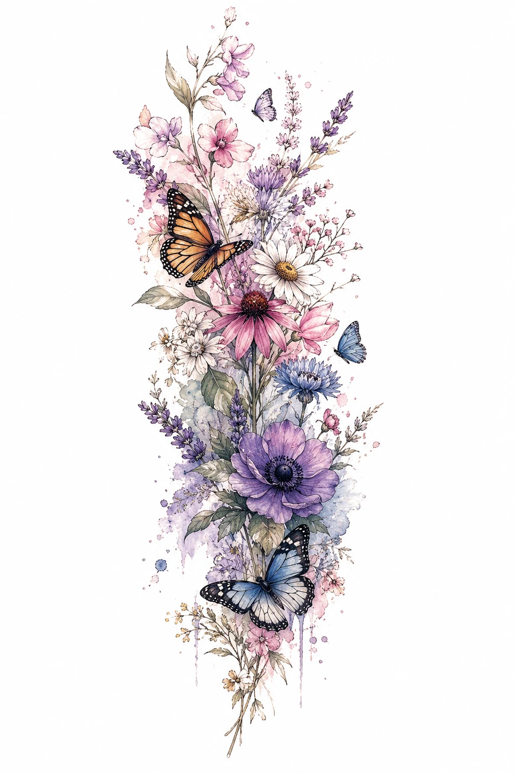 Watercolor Wildflower Cascade — floral and butterfly sleeve tattoo style outfit