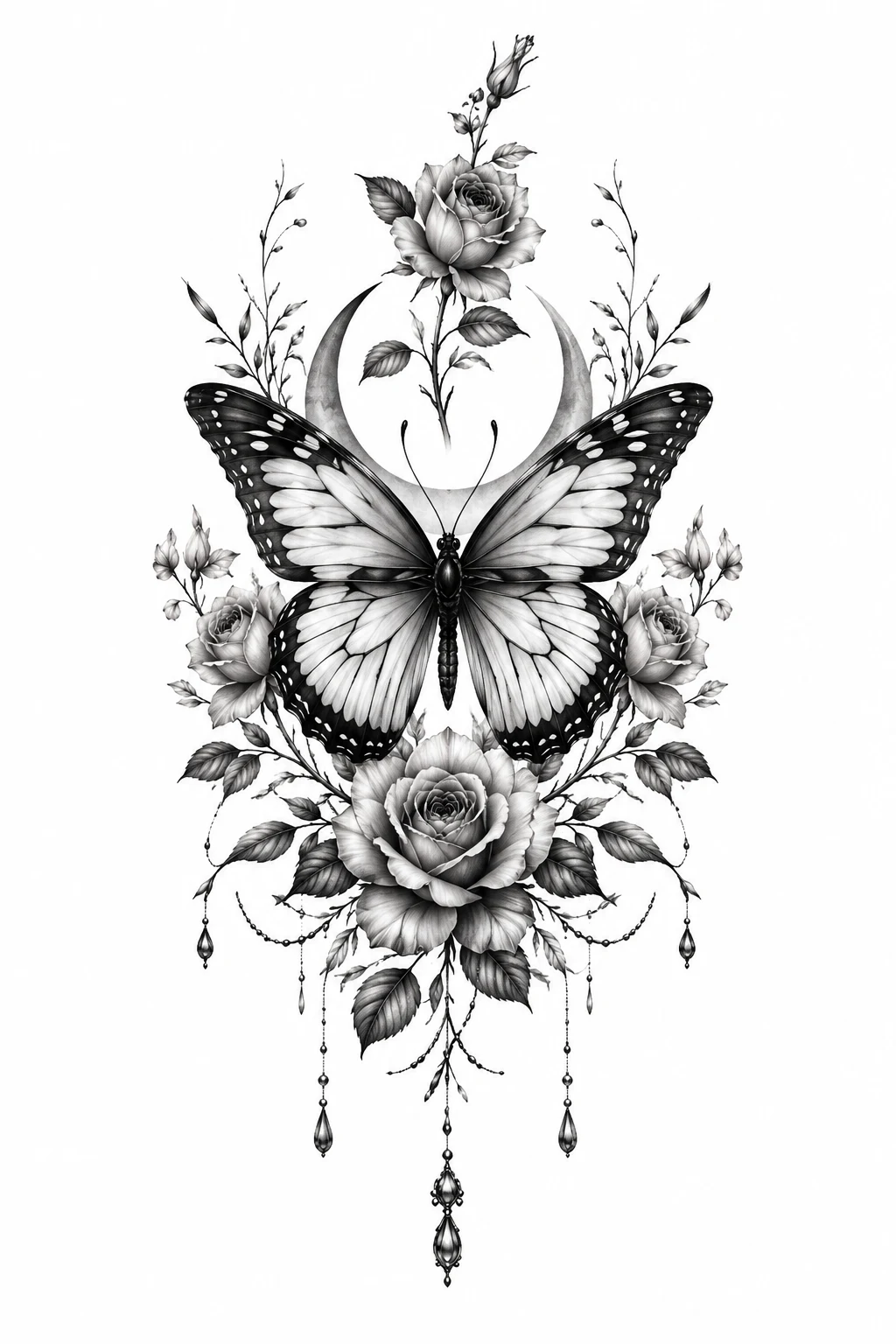 Gothic Black-and-Gray Floral Butterfly Tattoo Design — floral butterfly tattoo design style outfit