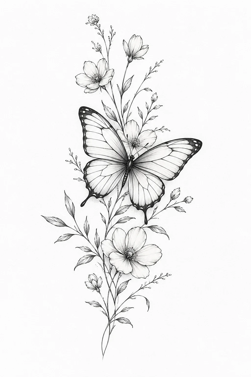 Delicate Fine-Line Floral Butterfly Tattoo Design — floral butterfly tattoo design style outfit