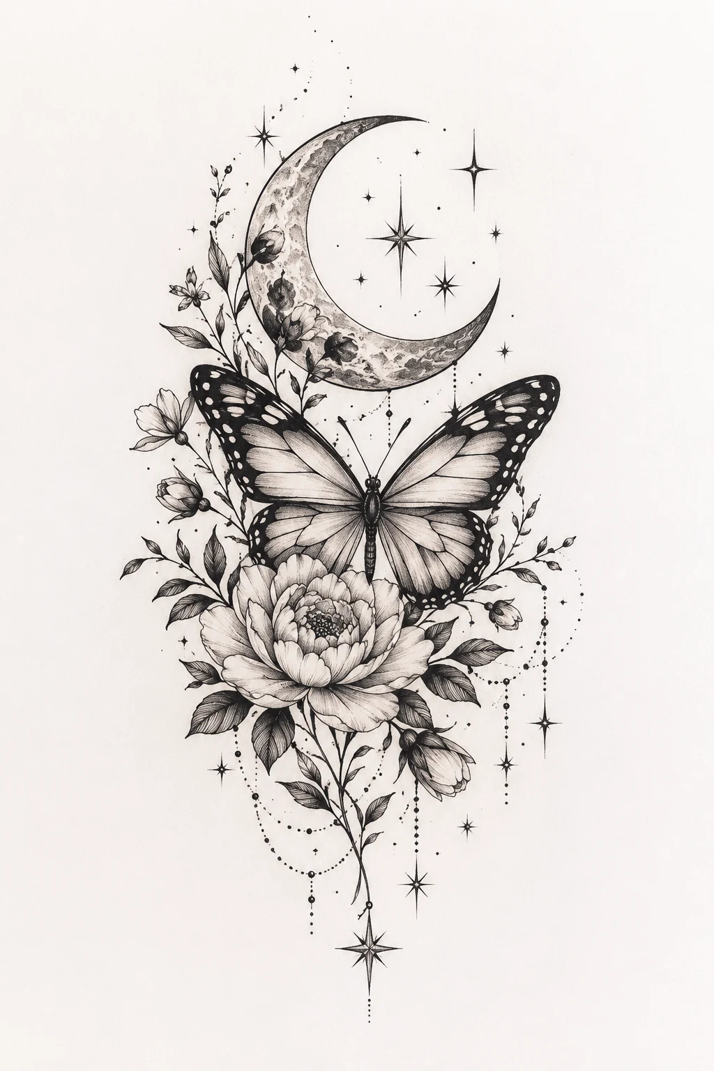 Moon, Stars, and Floral Butterfly — floral butterfly tattoo design style outfit
