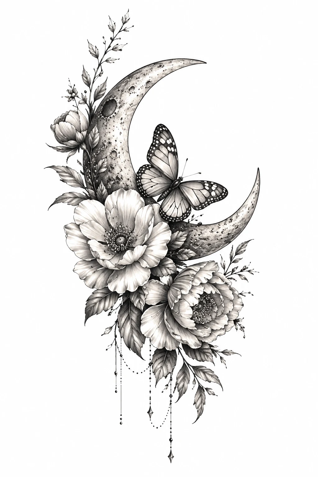 Crescent Moon, Flowers & Butterfly — flower and butterfly tattoo style outfit