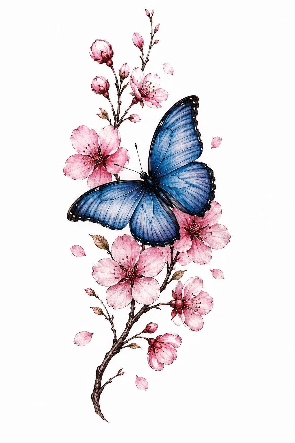 Blue Butterfly With Cherry Blossoms — flower and butterfly tattoo style outfit