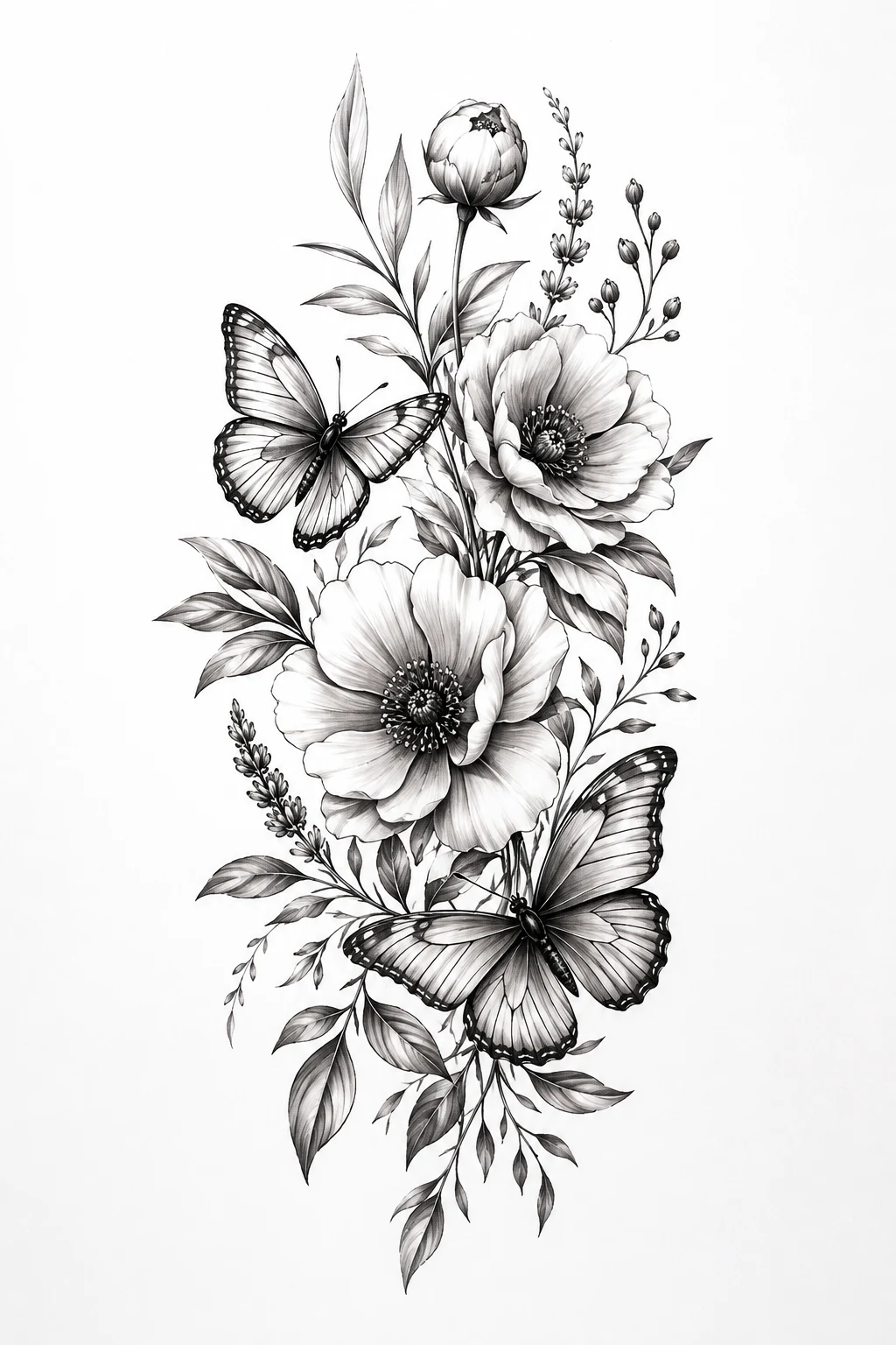 Black-and-Gray Botanical Piece — flower and butterfly tattoo style outfit