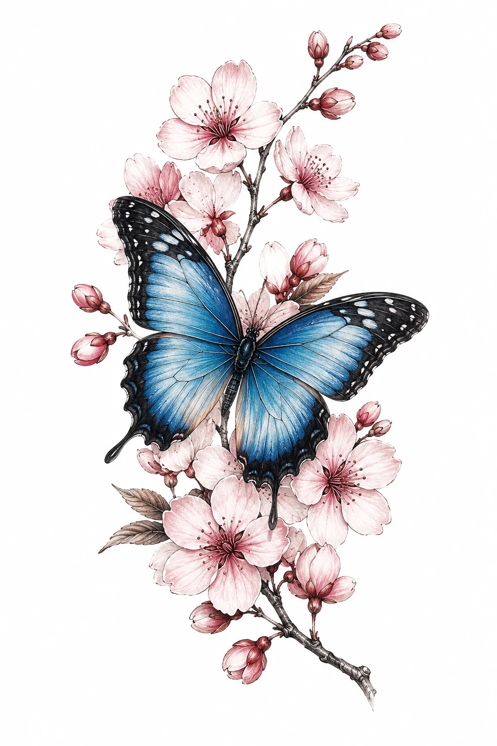 Blue Butterfly With Cherry Blossoms — flower butterfly tattoo style outfit