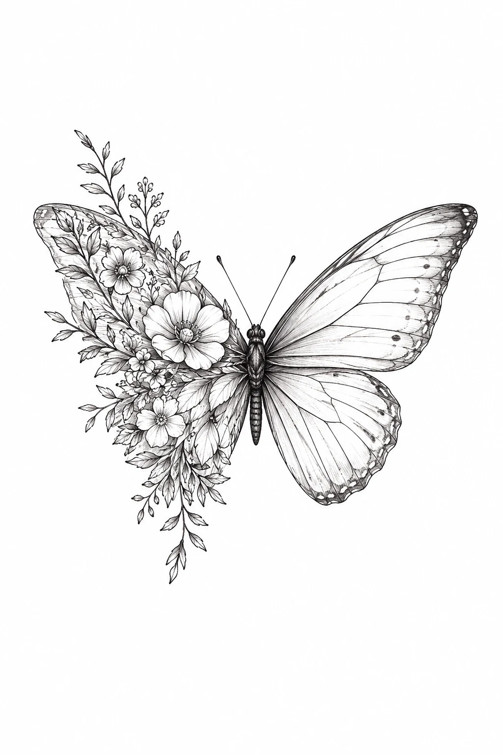 Botanical Outline Butterfly — flower butterfly tattoo style outfit