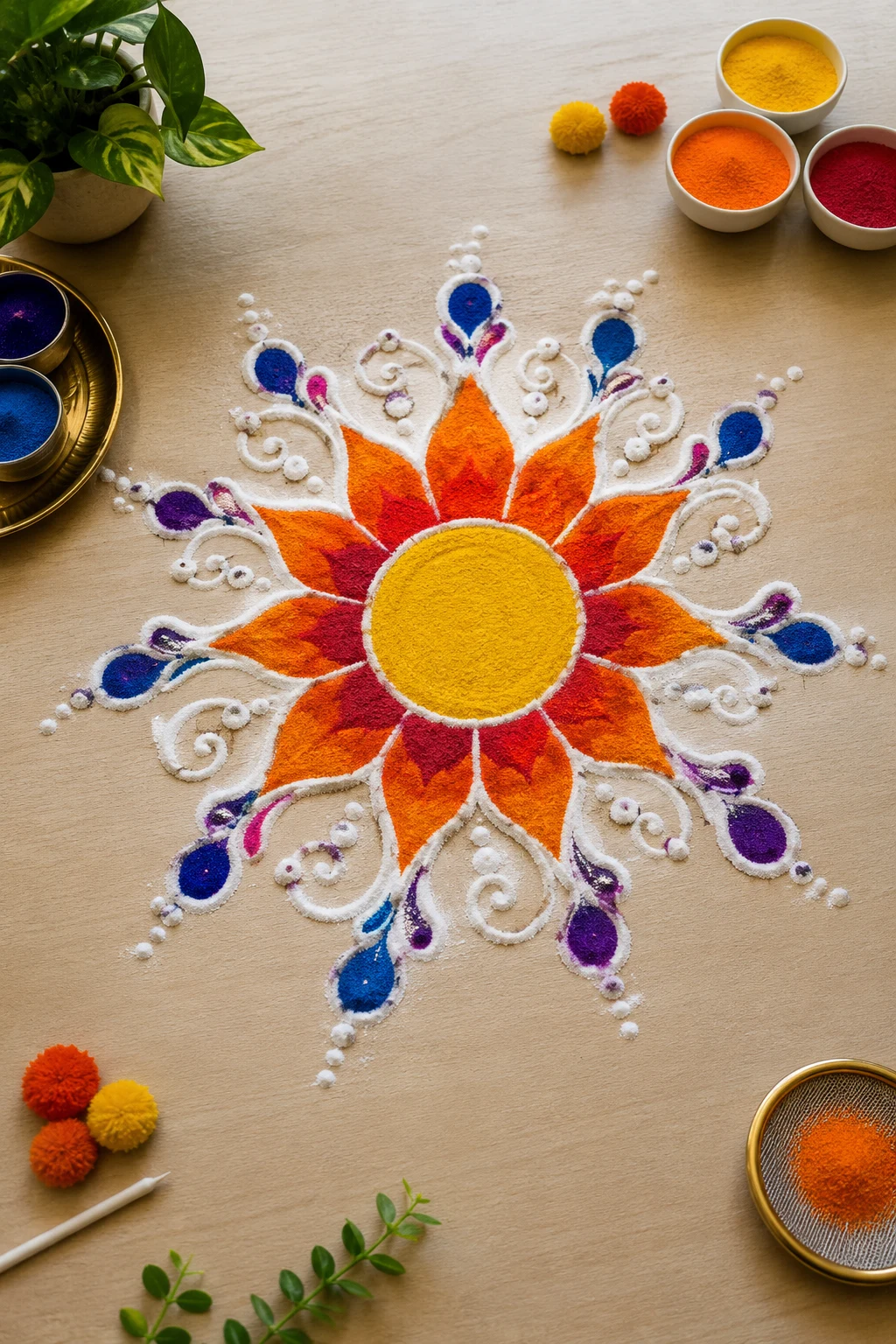 Rangoli Sunburst — free hand rangoli designs with colours style outfit