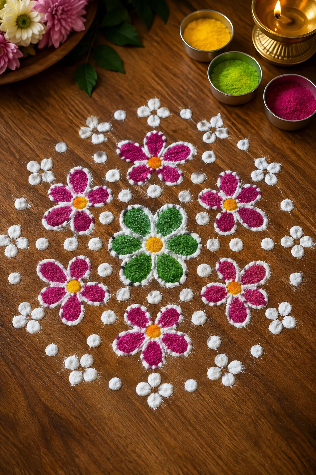Everyday Dot-and-Flower Rangoli — free hand rangoli designs with colours style outfit
