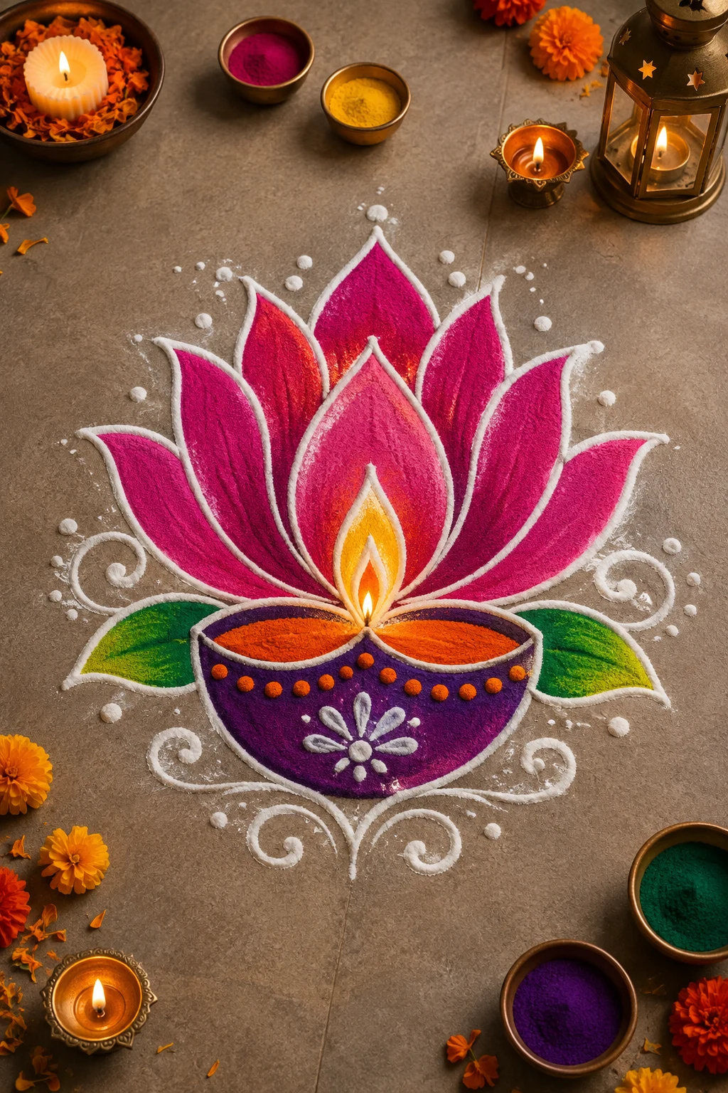 Free Hand Diwali Lotus and Diya — free hand rangoli designs with colours style outfit
