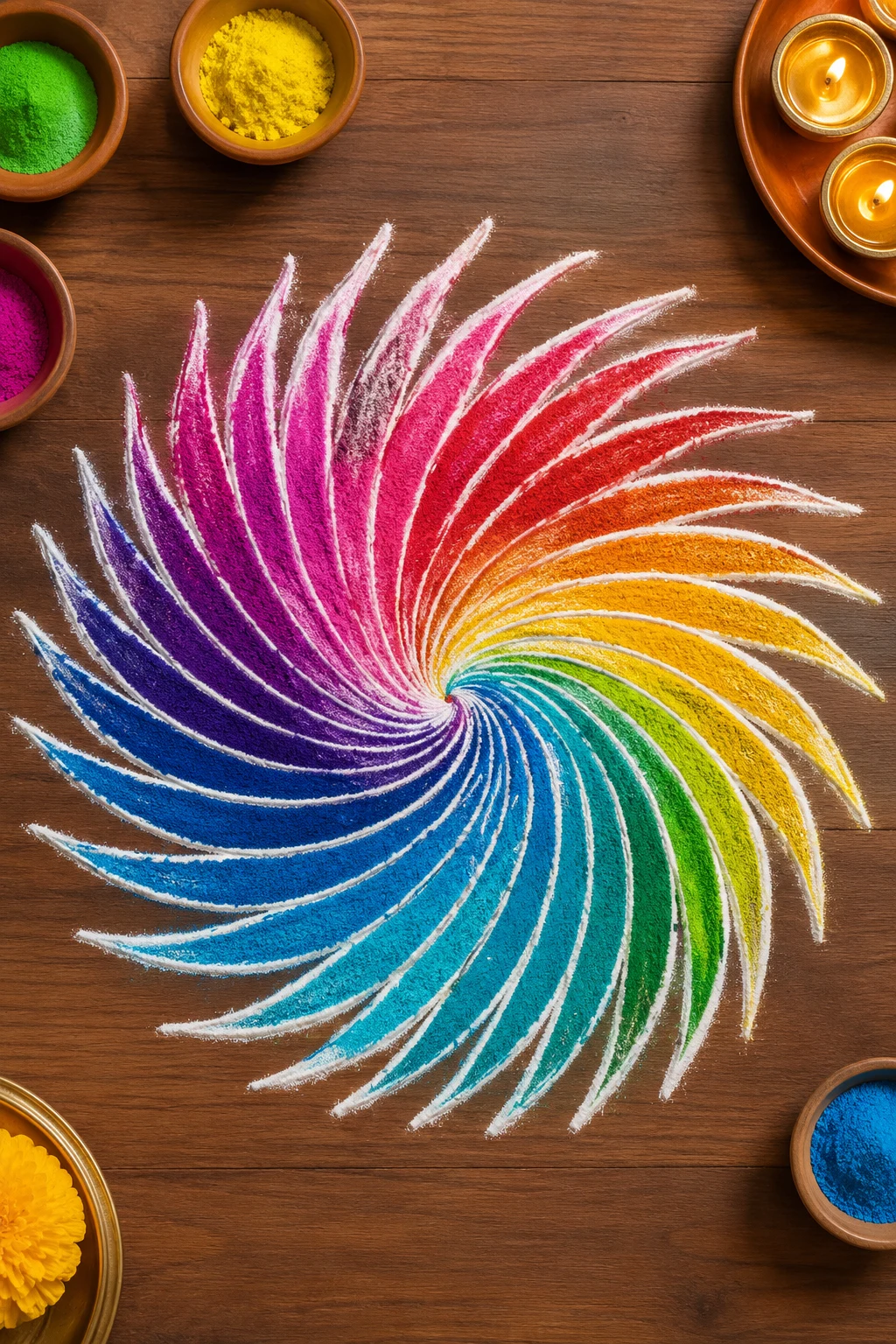Rainbow Spiral Rangoli — free hand rangoli designs with colours style outfit