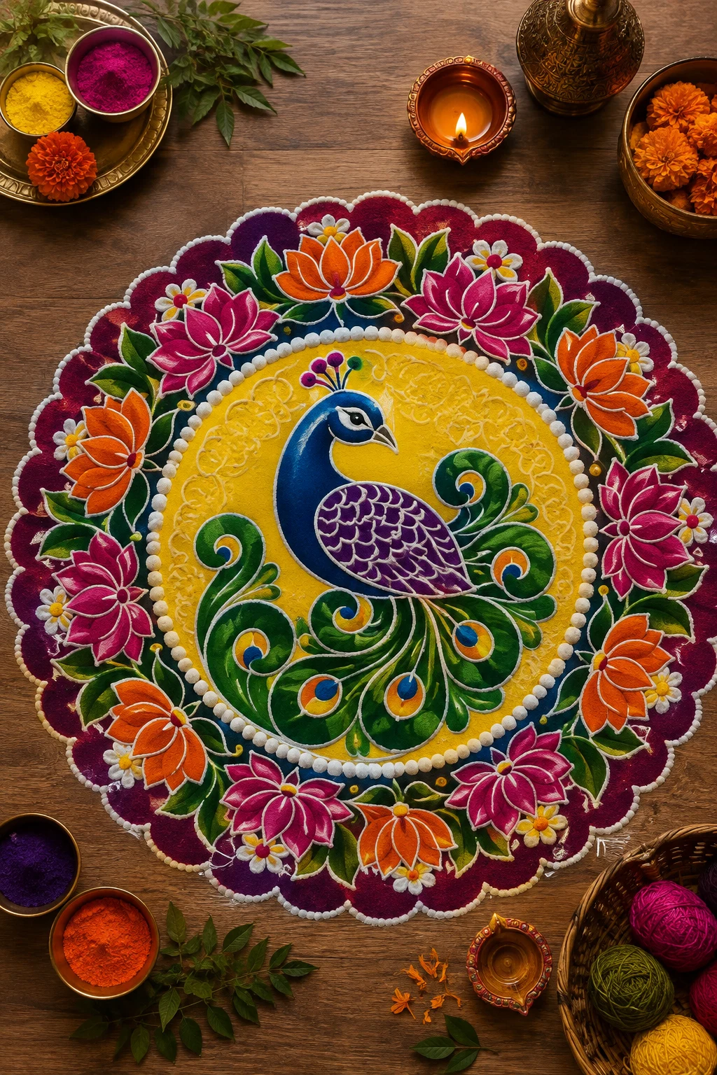 Grand Floral Peacock Circle — free hand rangoli designs with colours style outfit