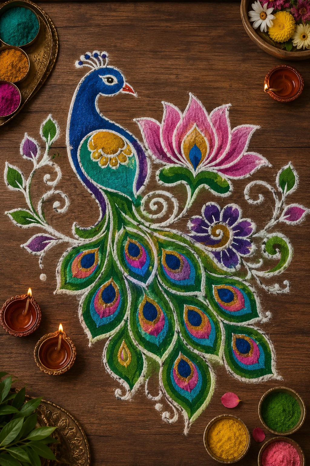 Peacock Jewel Rangoli — free hand rangoli designs with colours style outfit