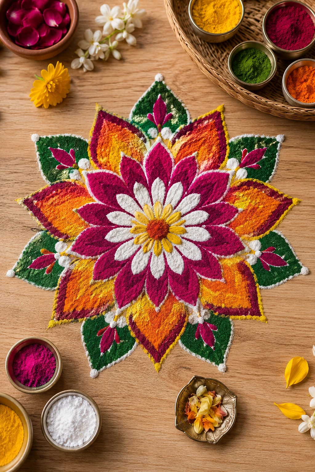 Floral Petal Mandala — free hand rangoli designs with colours style outfit