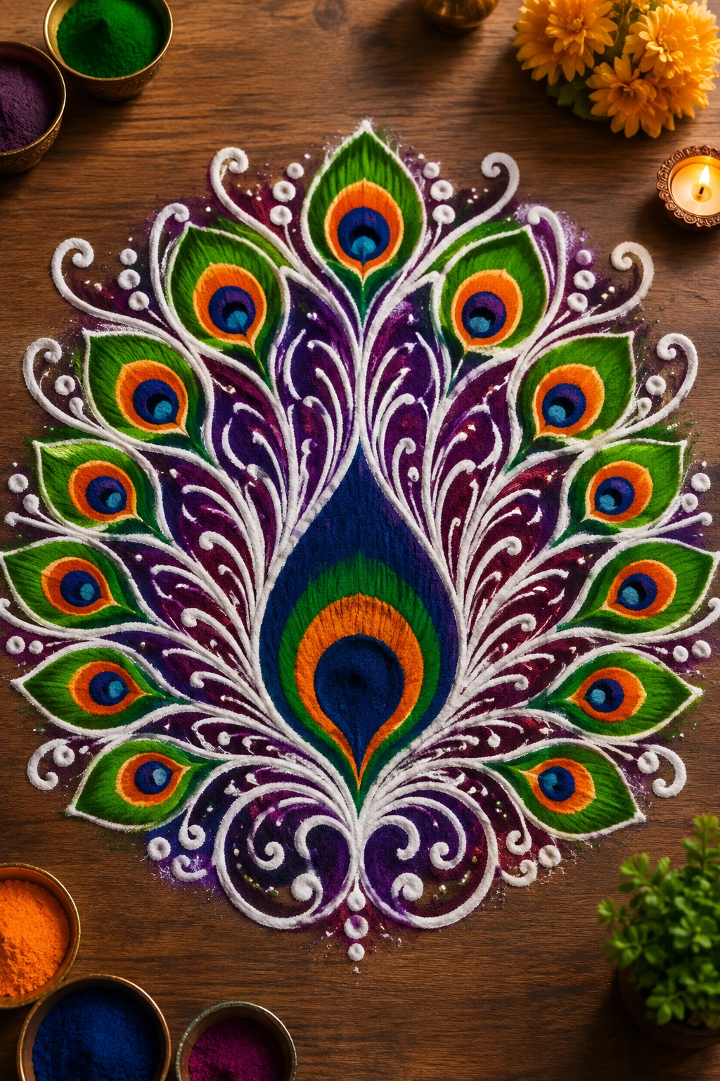 Peacock Feather Burst — free hand rangoli designs with colours style outfit
