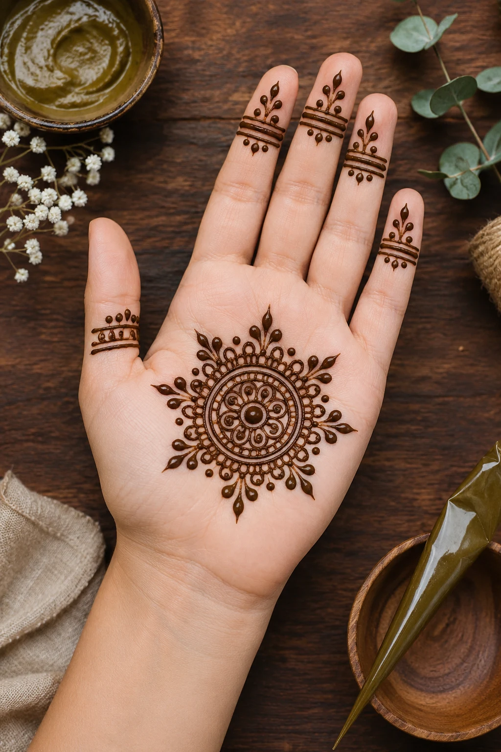 Classic Center Tikki — front hand mehndi designs simple style outfit