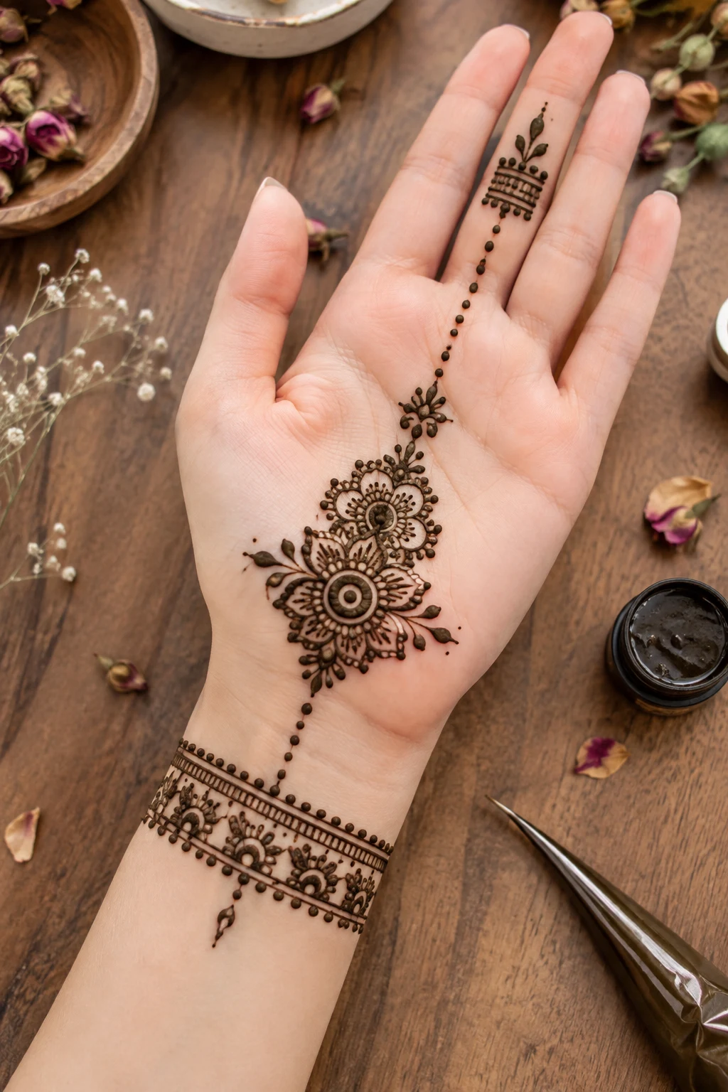 Bracelet-to-Palm Design — front hand mehndi designs simple style outfit