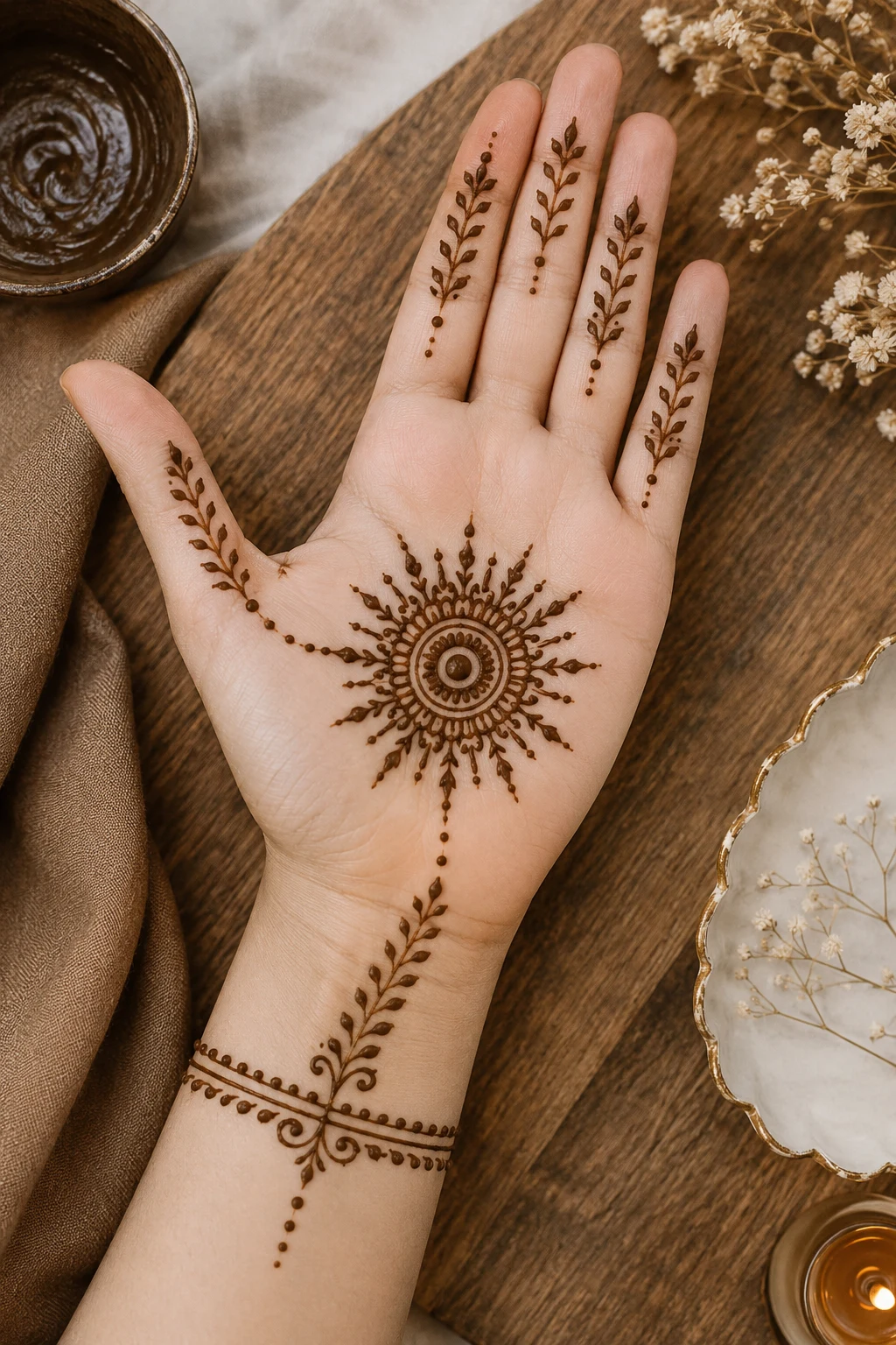 Sunburst Palm — front hand mehndi designs simple style outfit