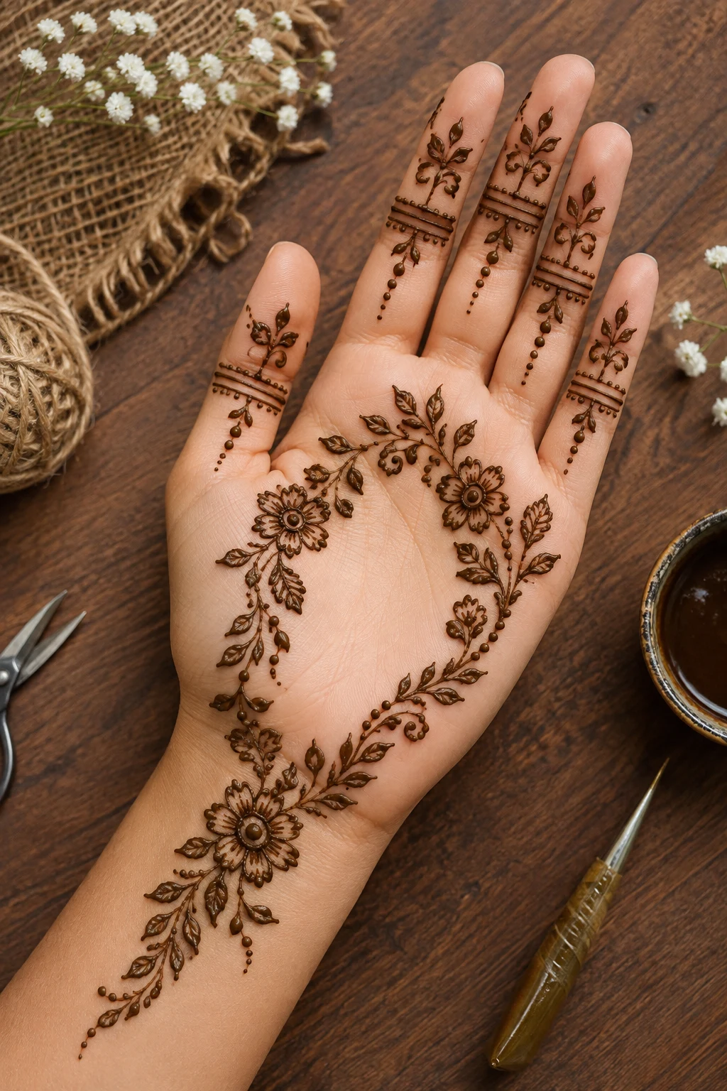 Modern Floral Finger Frame — front hand mehndi designs simple style outfit