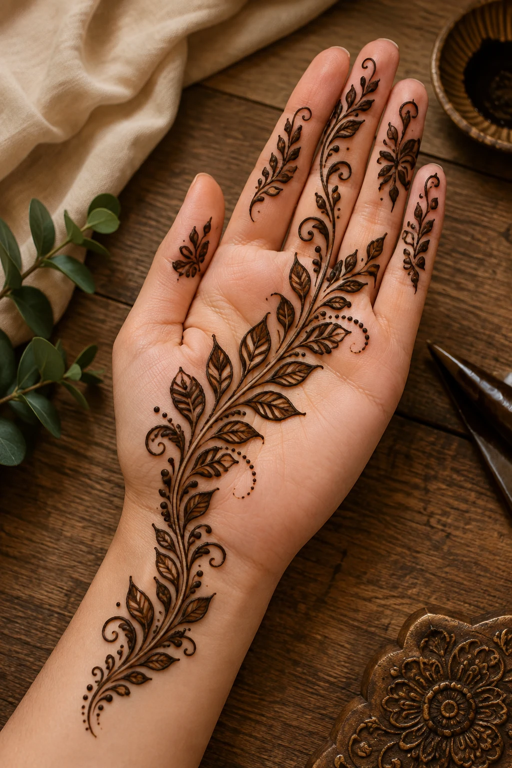 Arabic Leaf Sweep — front hand mehndi designs simple style outfit