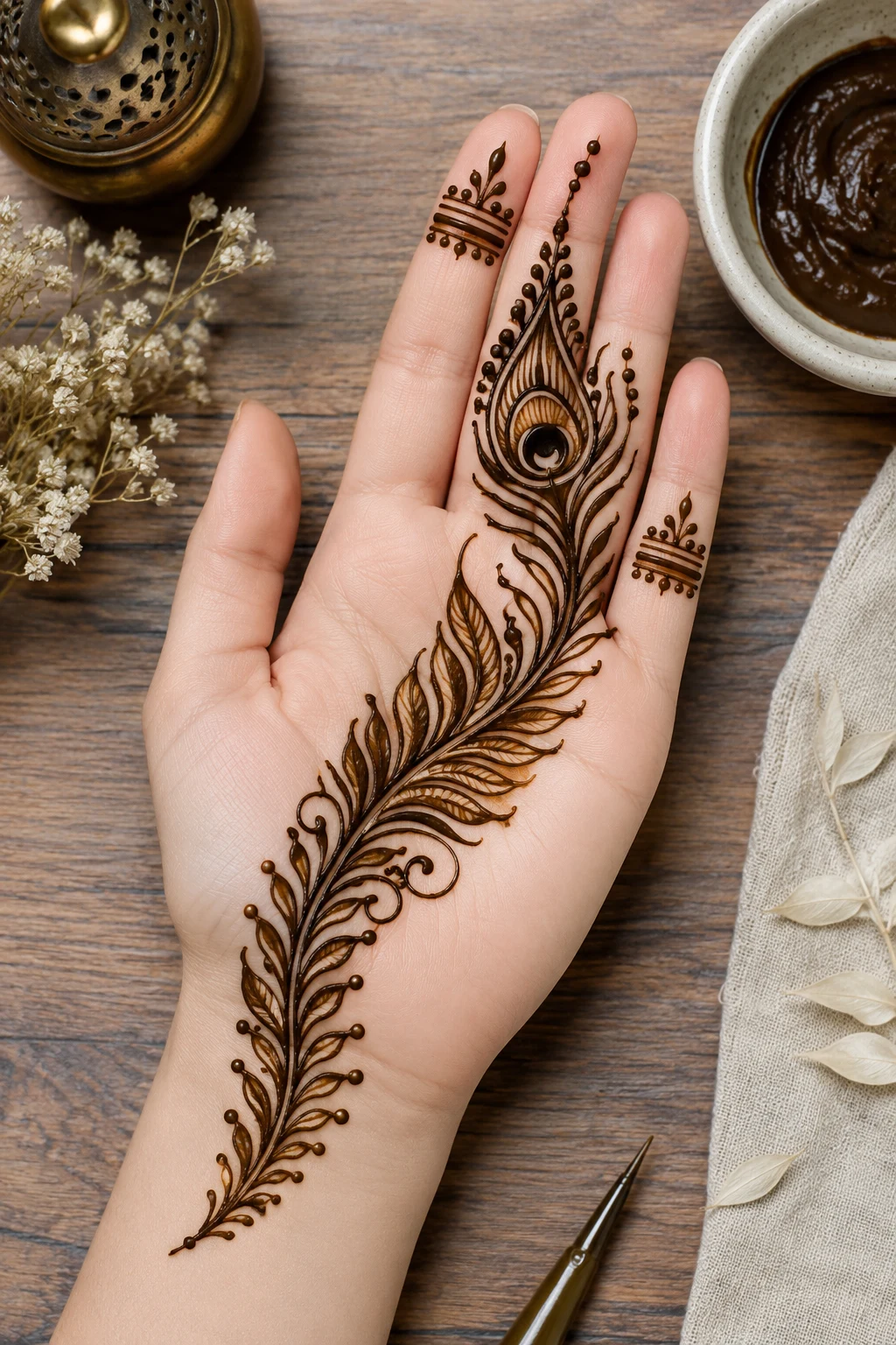 Peacock Feather Accent — front hand mehndi designs simple style outfit