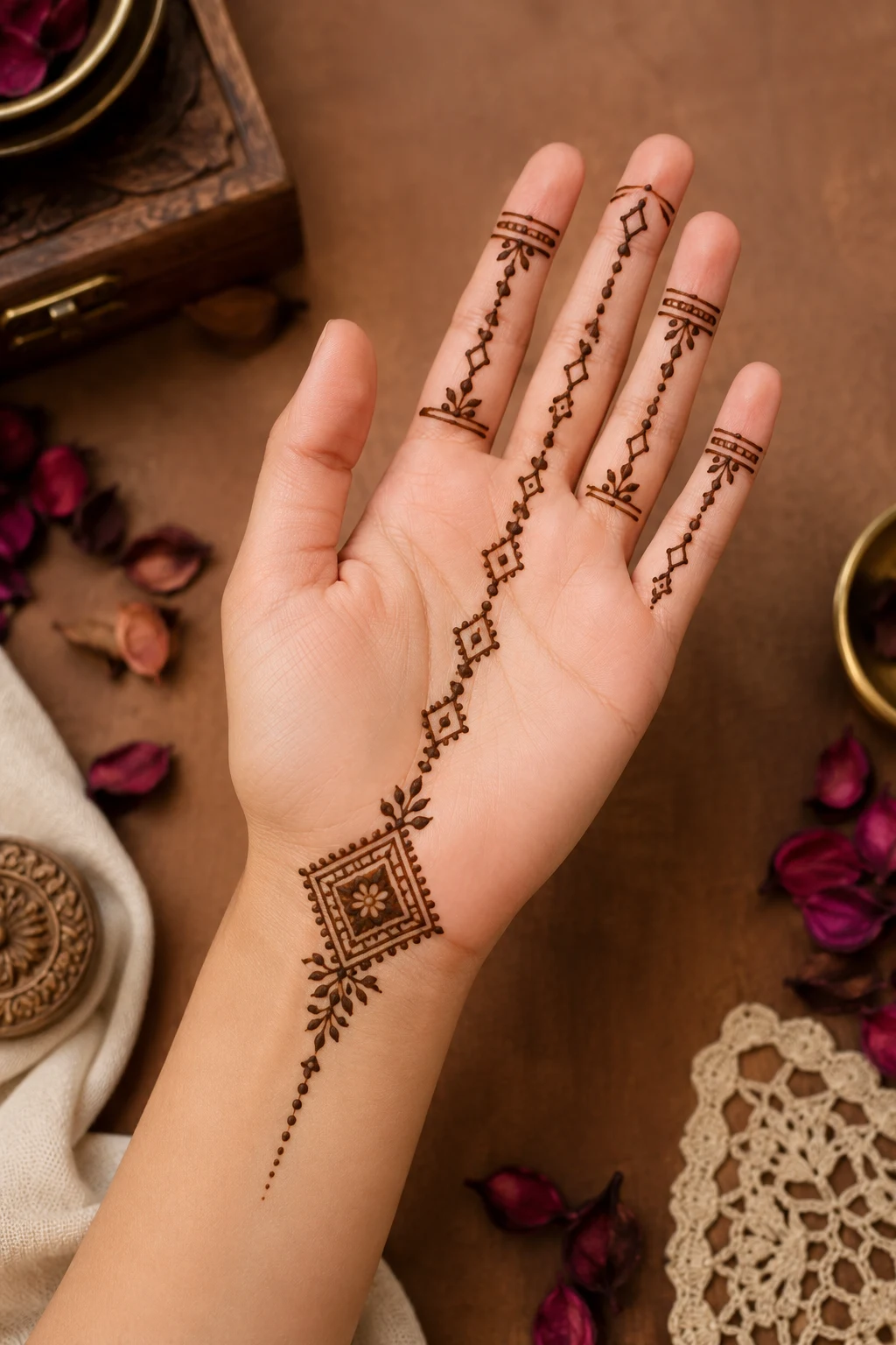 Geometric Finger Chain — front hand mehndi designs simple style outfit