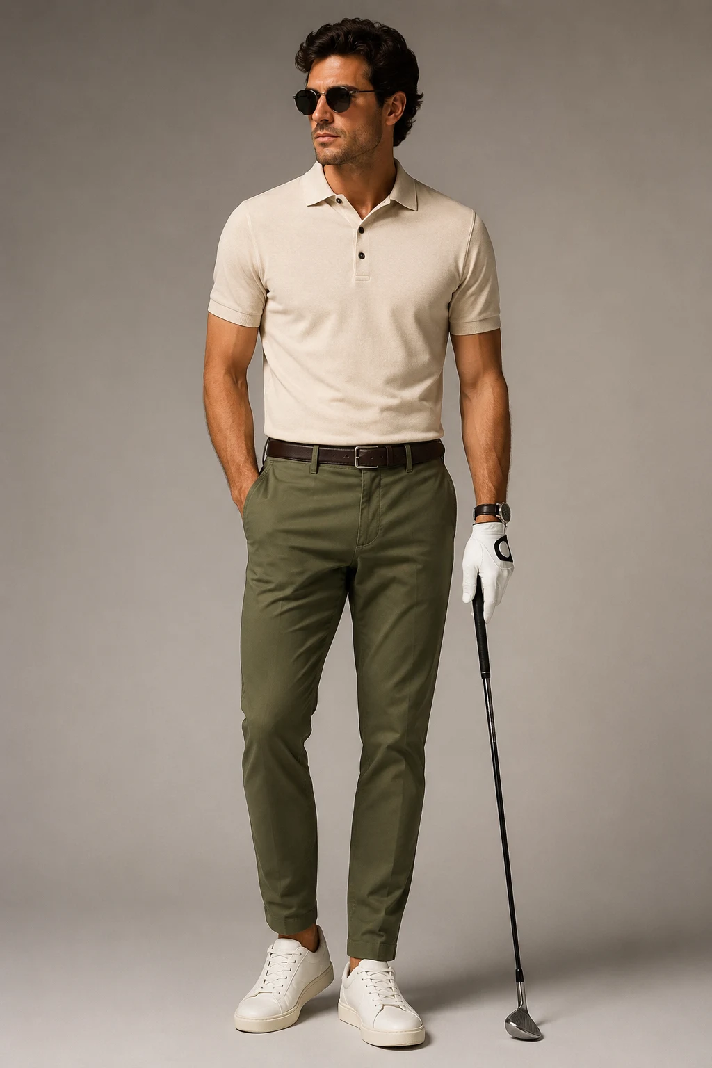 The Cream Polo and Olive Pants — Golf Outfit Men style outfit, worn by a stylish man