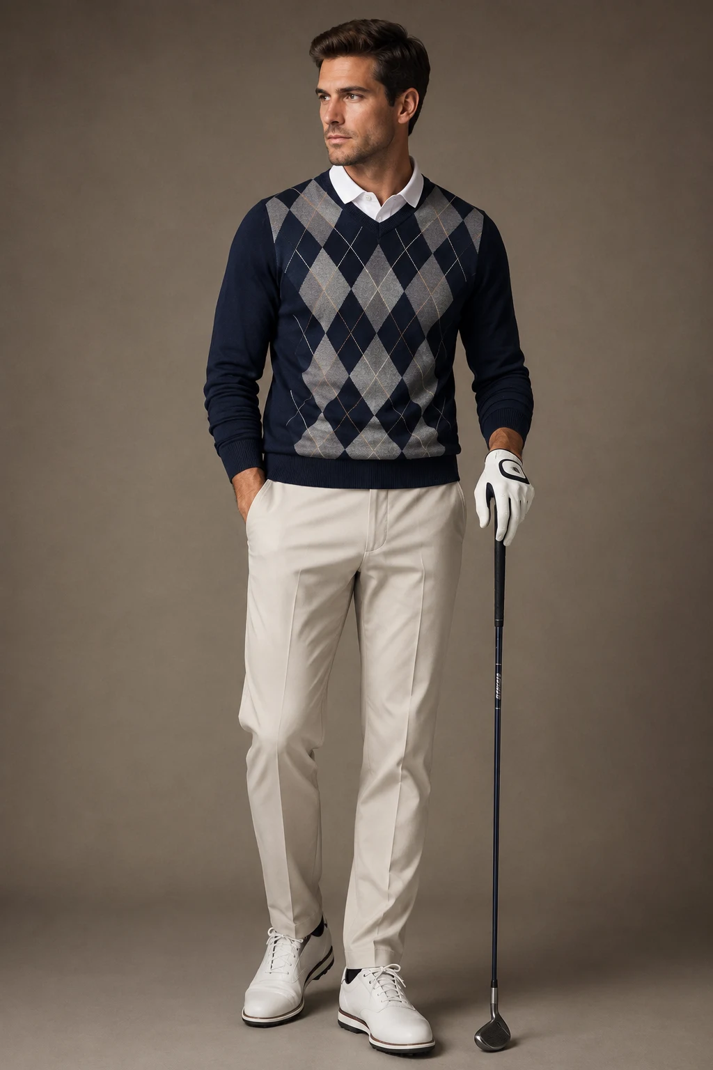 The Classic Argyle Sweater Look — Golf Outfit Men style outfit, worn by a stylish man