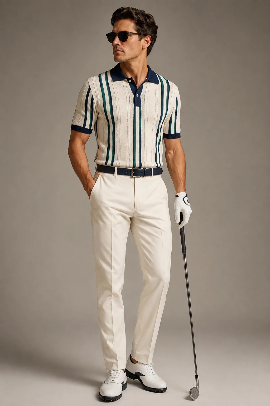 The Retro Striped Polo — Golf Outfit Men style outfit, worn by a stylish man