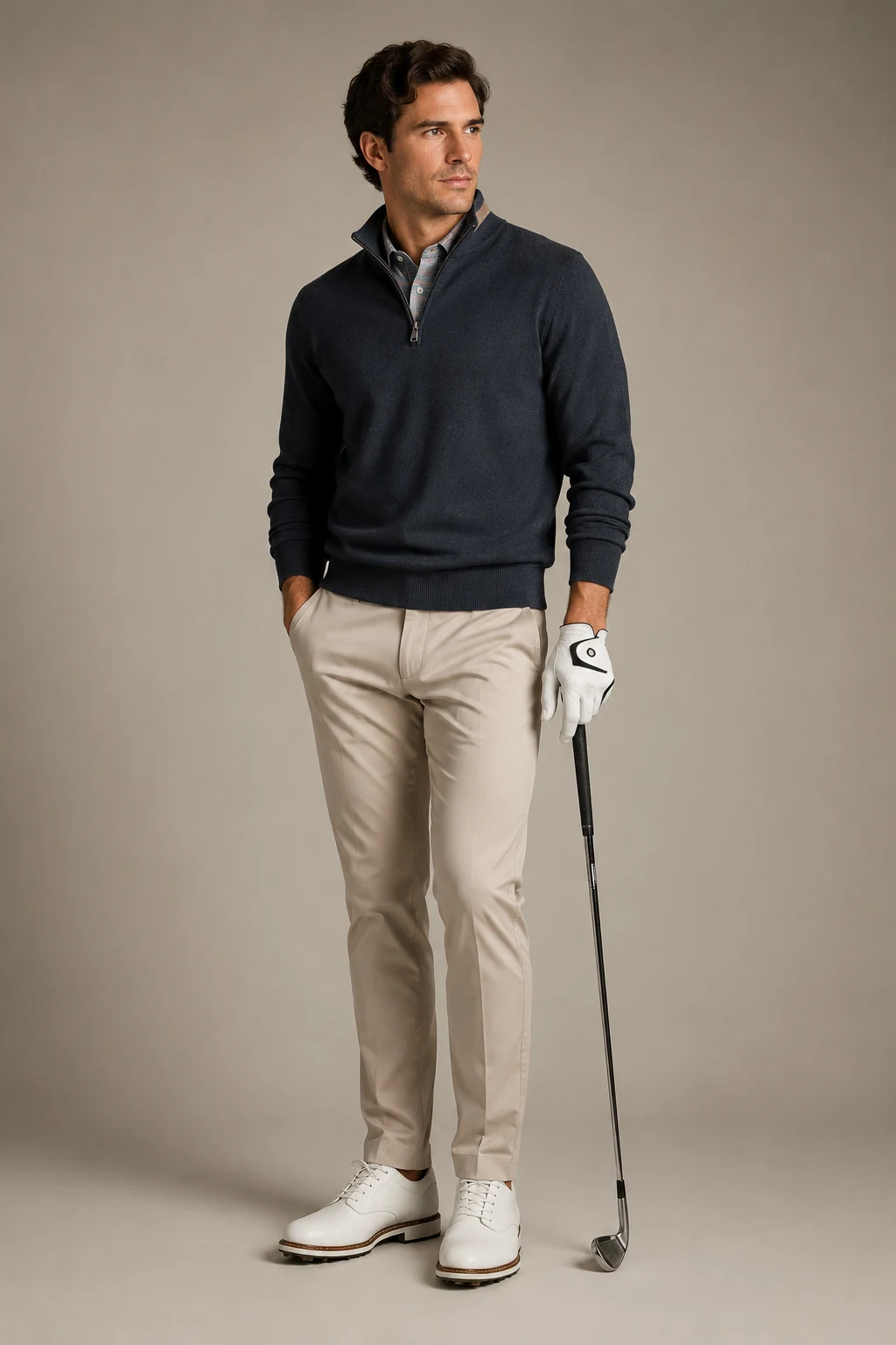 The Fall Quarter-Zip Combo — Golf Outfit Men style outfit, worn by a stylish man
