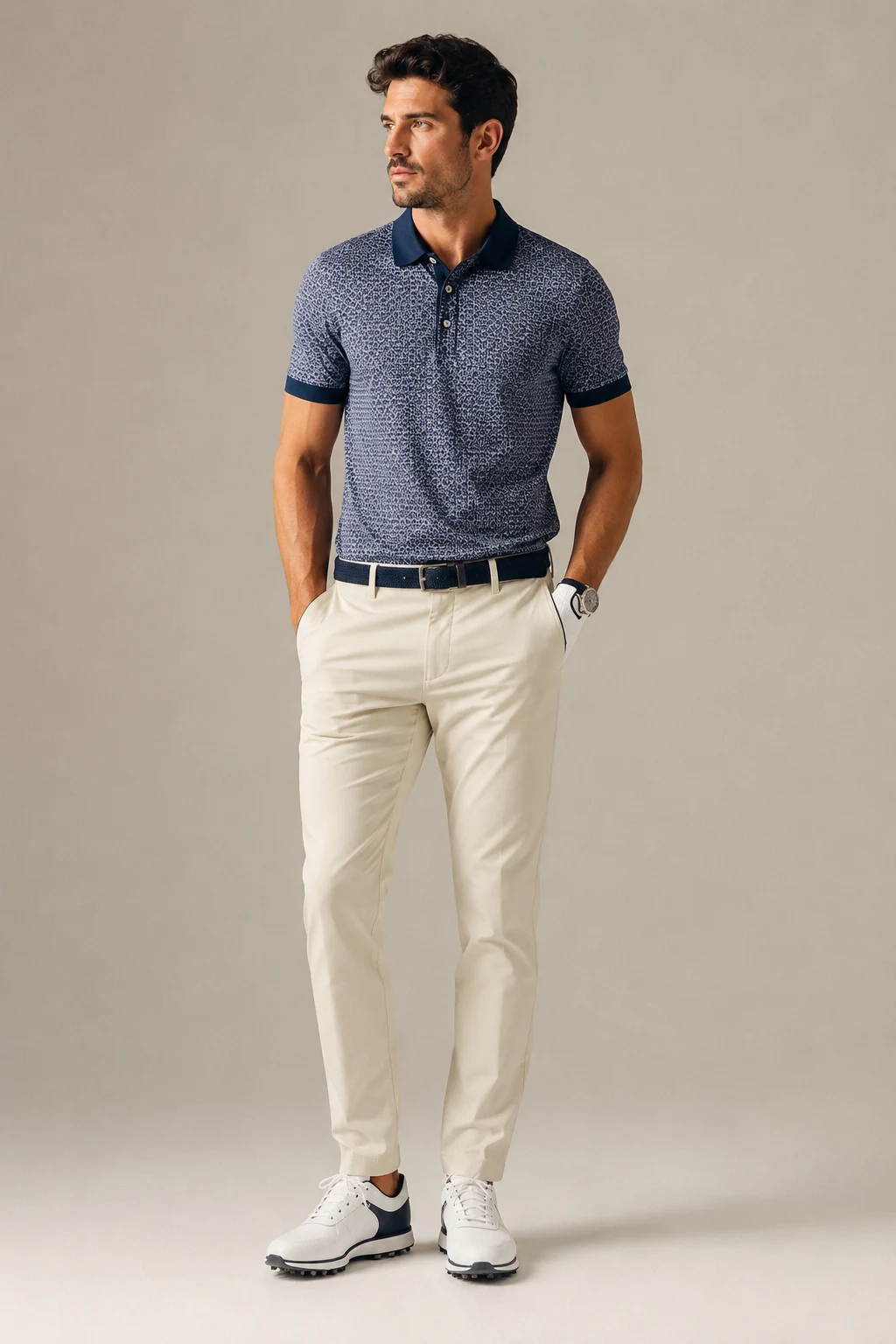 The Golf Outfit With a Printed Polo — Golf Outfit Men style outfit, worn by a stylish man