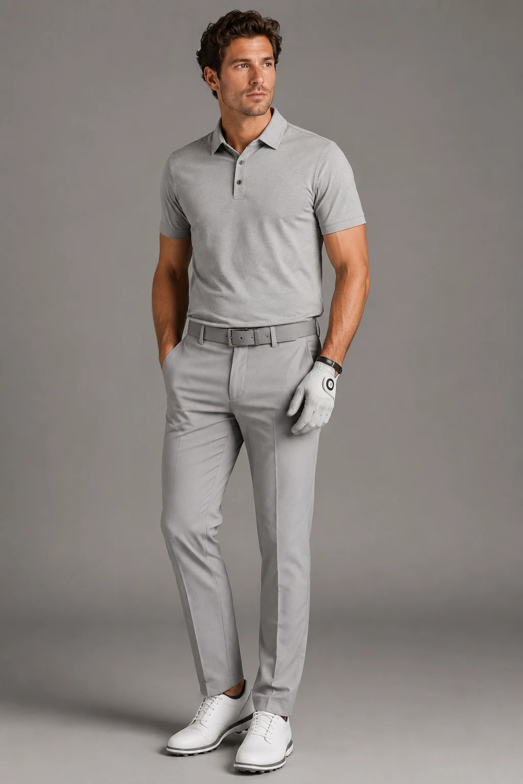 The Minimalist Gray-on-Gray Look — Golf Outfit Men style outfit, worn by a stylish man