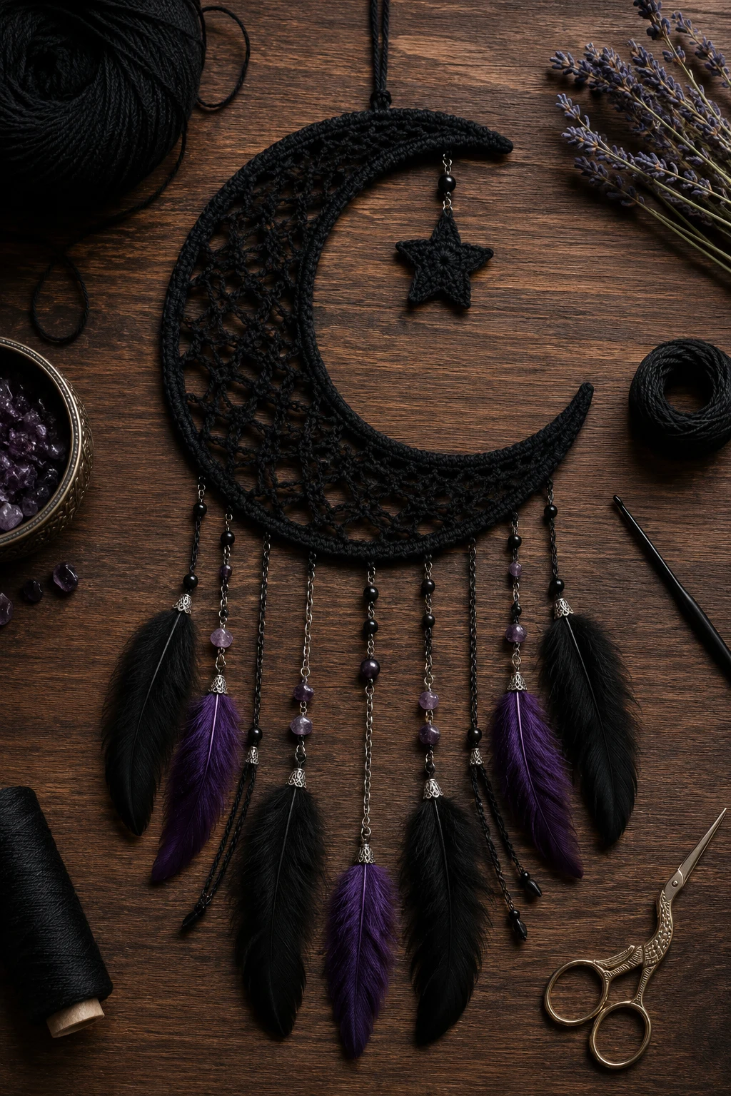 Witchy Crescent Moon Wall Hanging — goth crochet ideas style outfit