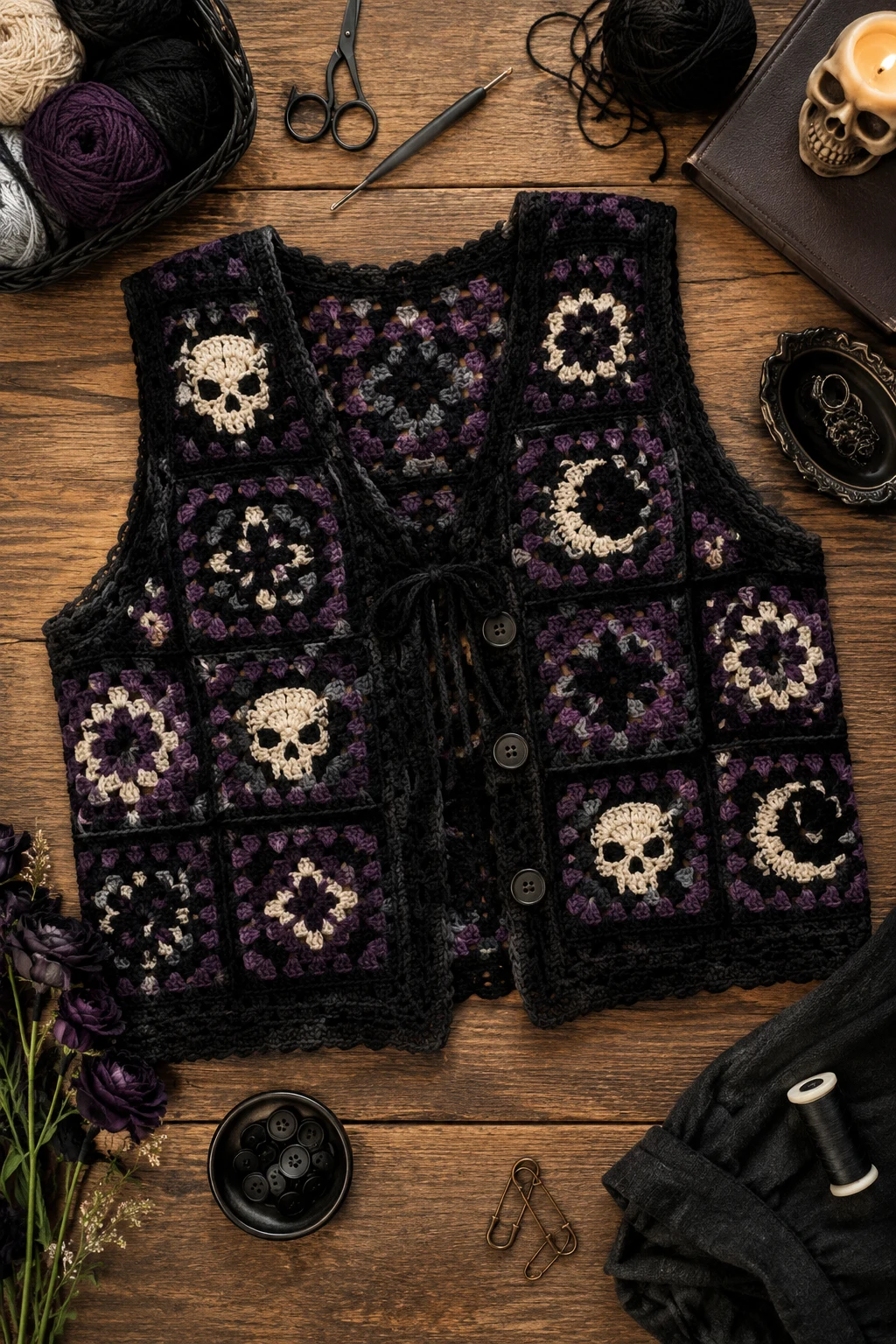 Gothic Granny Square Vest — goth crochet ideas style outfit