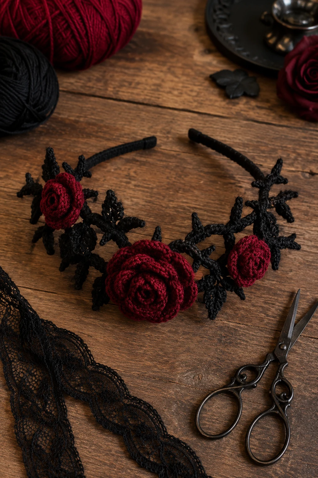 Gothic Rose and Thorn Headband — goth crochet ideas style outfit
