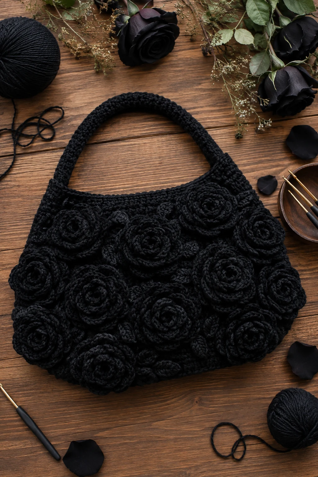 Black Rose Crochet Bag — A Goth Crochet Ideas Favorite — goth crochet ideas style outfit