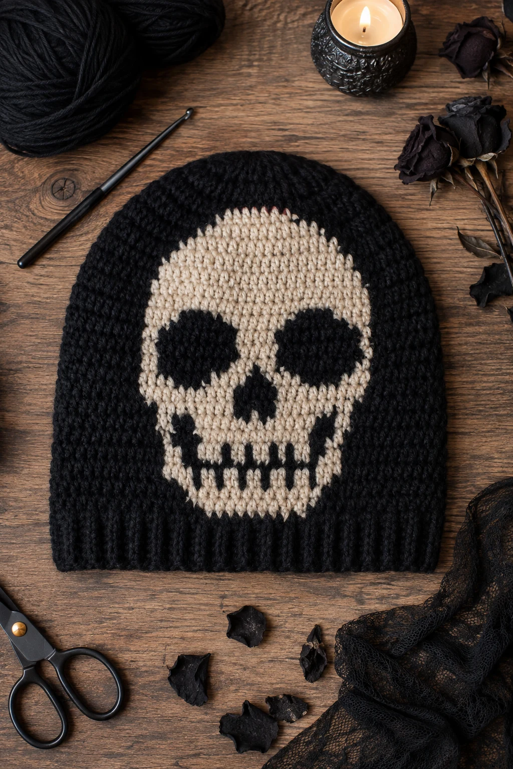 Gothic Skull Beanie — goth crochet ideas style outfit