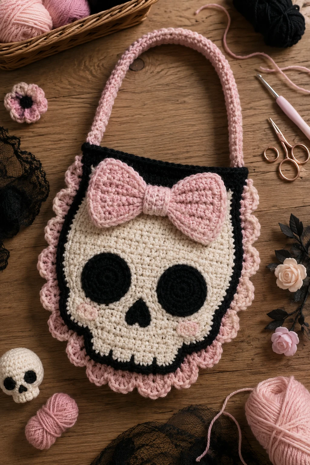 Pastel Goth Crochet Ideas: Skull-and-Bow Bag — goth crochet ideas style outfit