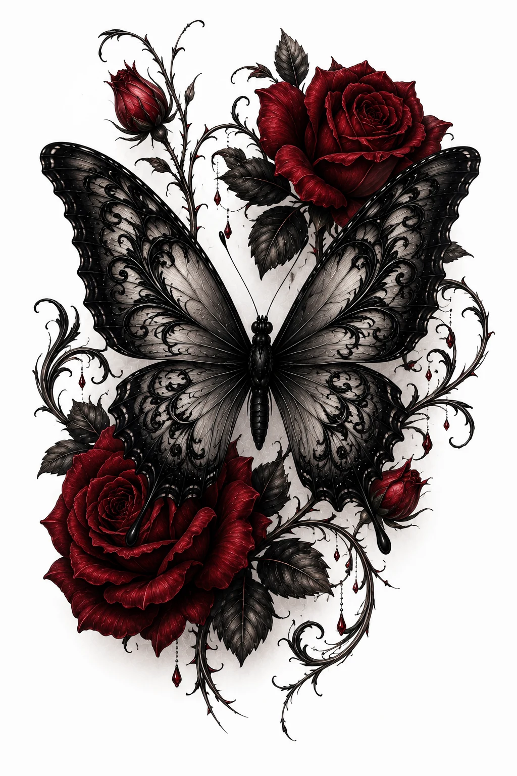 Gothic Butterfly With Red Roses — gothic butterfly tattoo style outfit