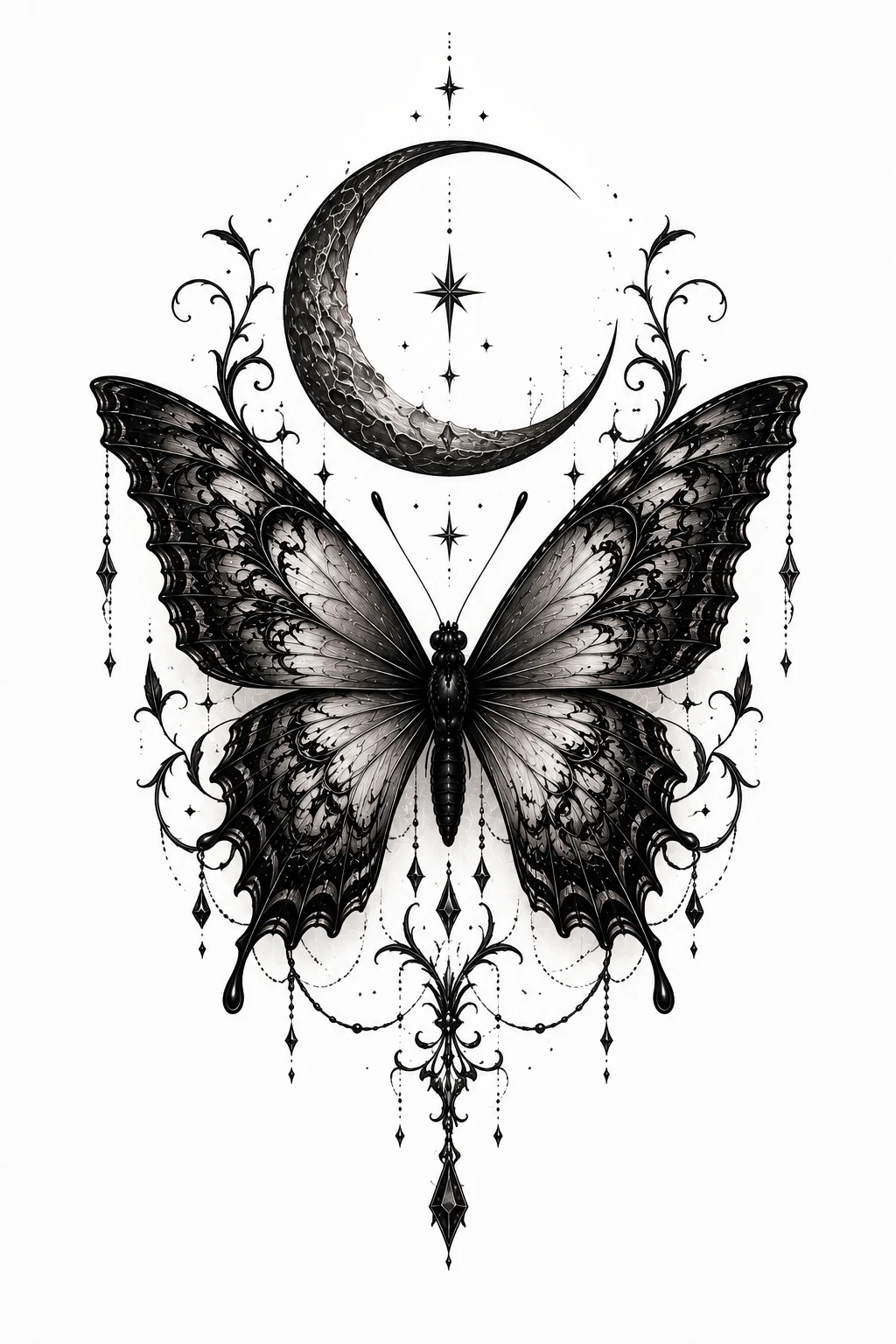 Gothic Butterfly Tattoo With a Crescent Moon — gothic butterfly tattoo style outfit
