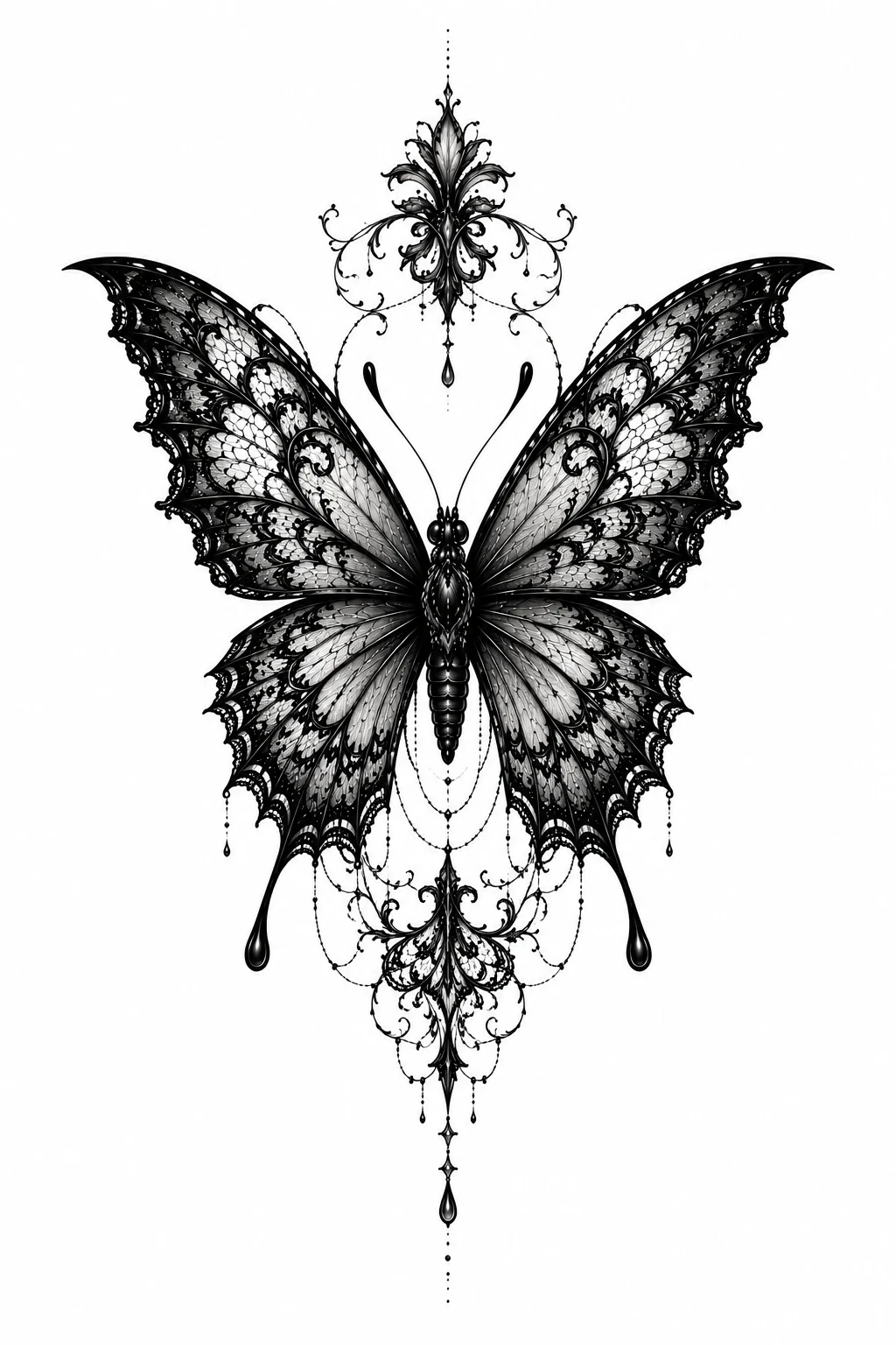 Gothic Butterfly Tattoo Female With Lace Details — gothic butterfly tattoo style outfit