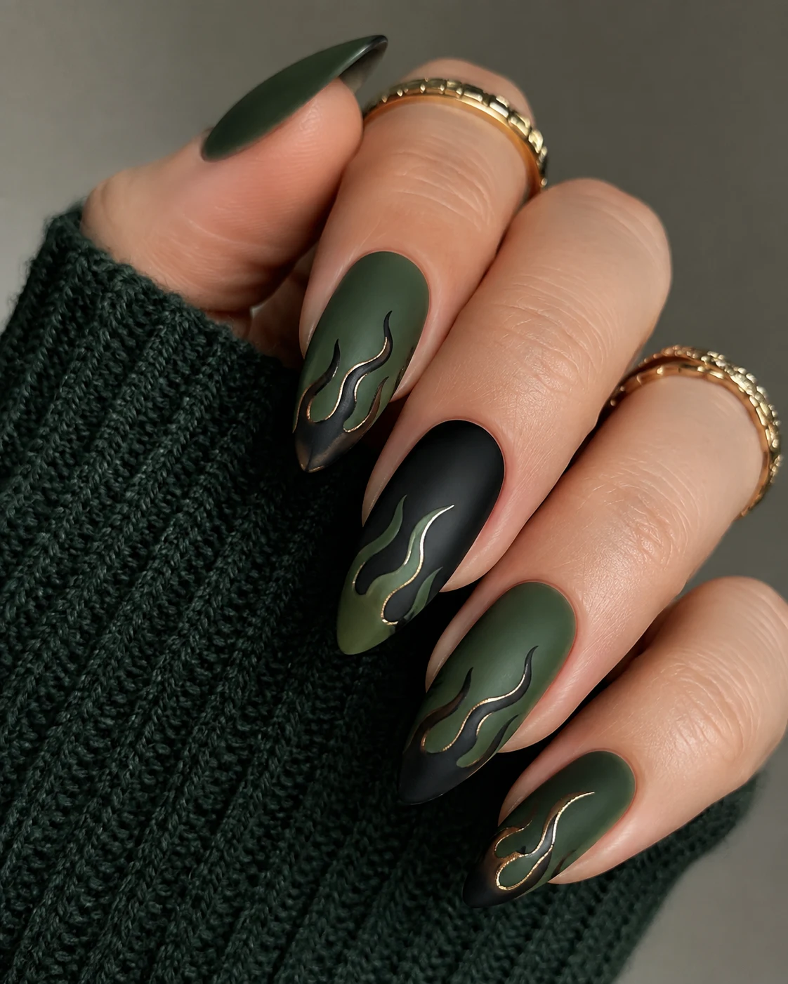 Matte Forest Flames: Green and Black Nail Ideas for Fall — green and black nail ideas style outfit