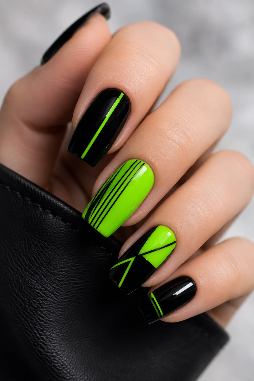 Neon Pop with Graphic Lines — green and black nail ideas style outfit