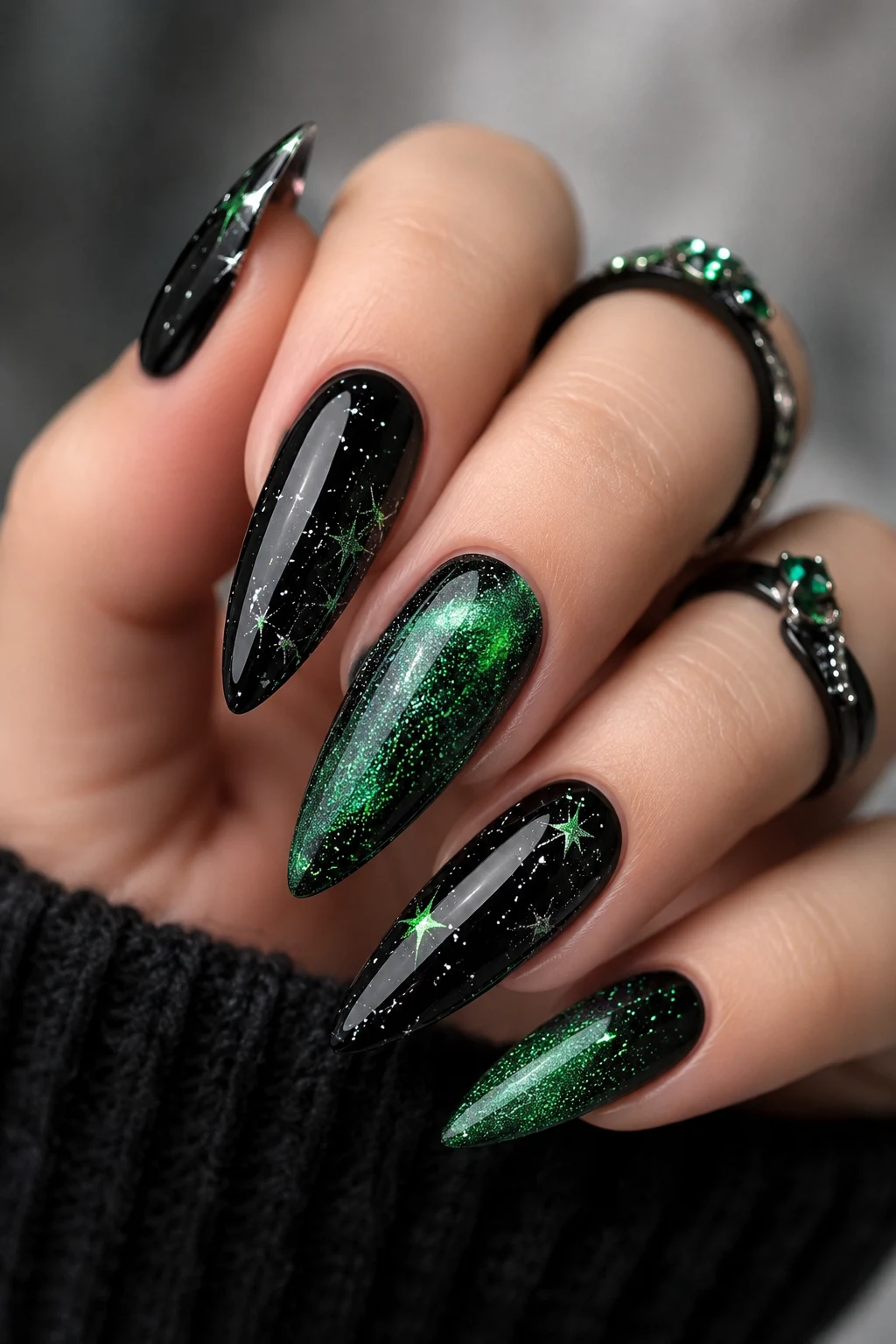 Glitter Galaxy Glam — green and black nail ideas style outfit