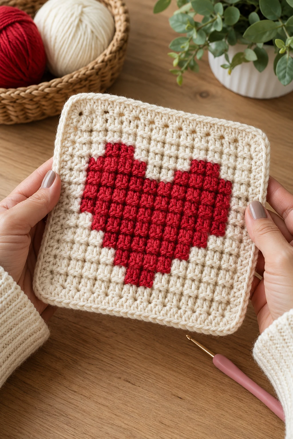 hands holding up the finished, completed grid crochet patterns up close, right after this final