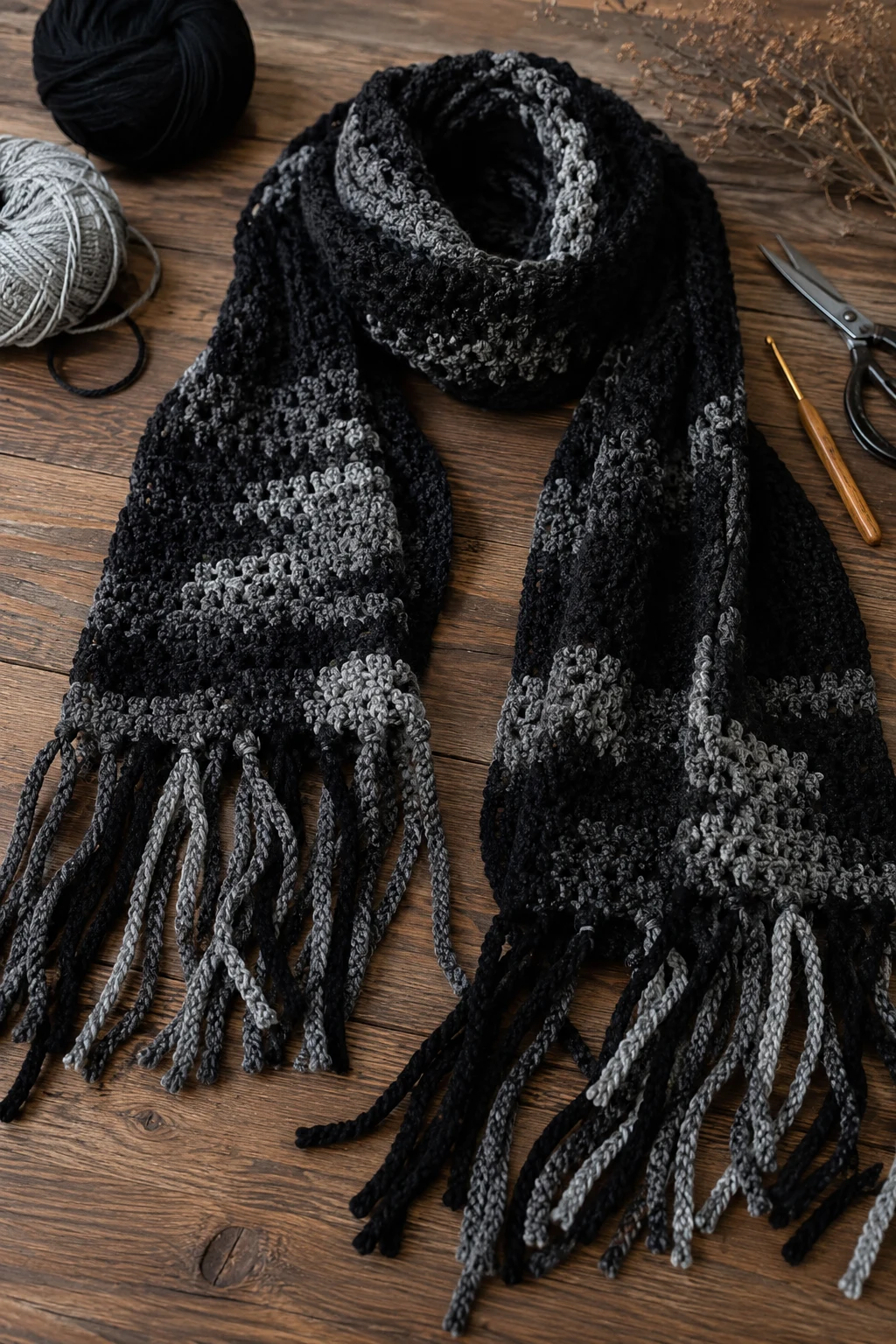 Black-and-Gray Grunge Crochet Scarf — grunge crochet ideas style outfit