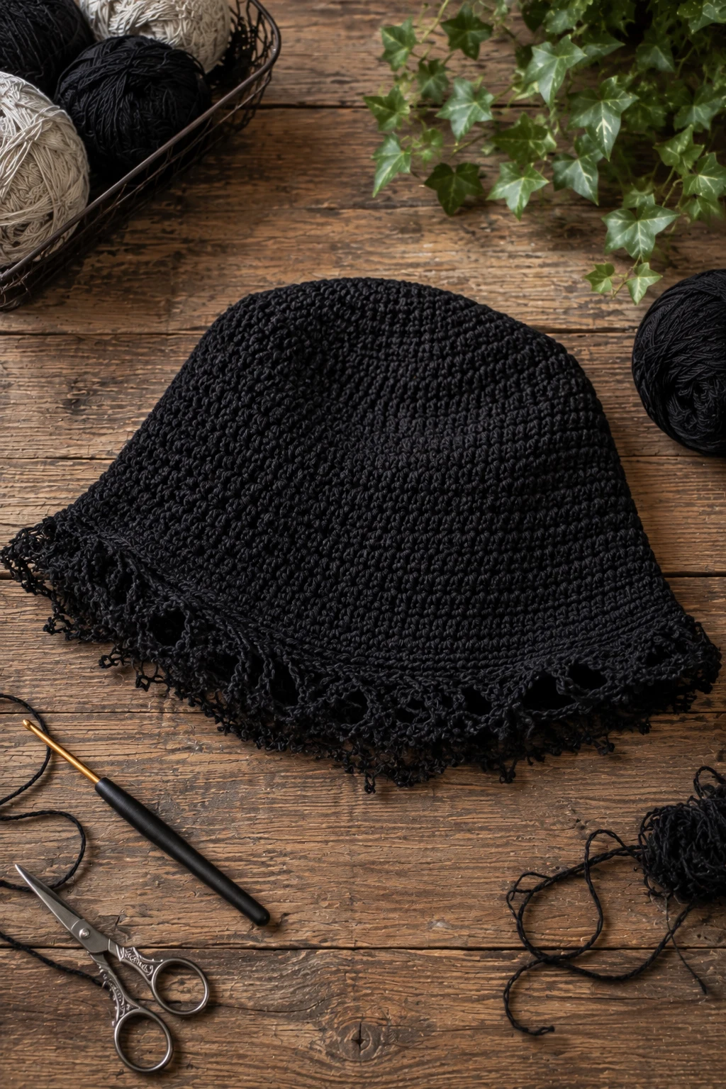 Black Crochet Bucket Hat — grunge crochet ideas style outfit
