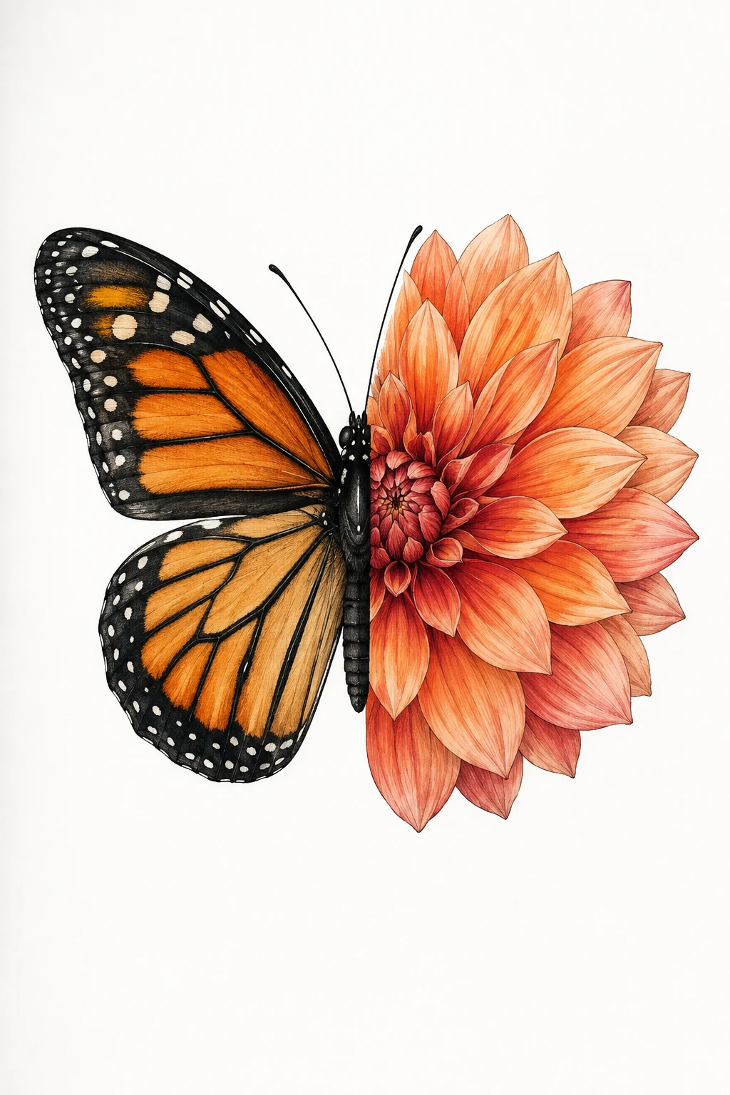 Monarch Butterfly With Dahlia — half butterfly half flower tattoo style outfit