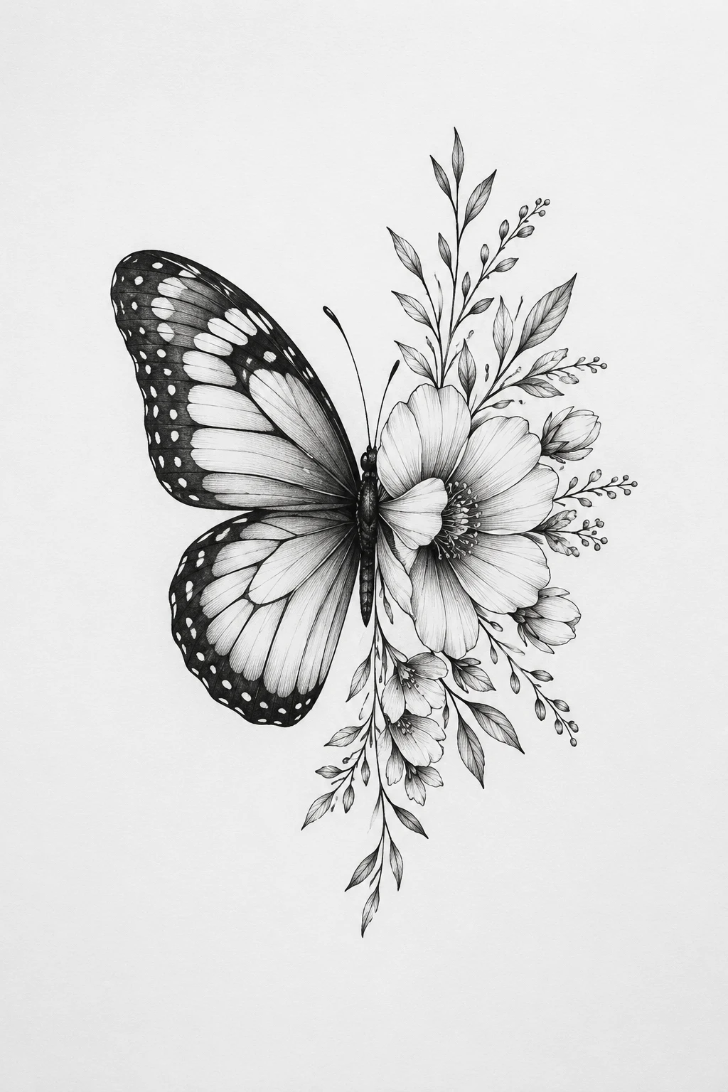 Butterfly With Botanical Line Art — half butterfly half flower tattoo style outfit