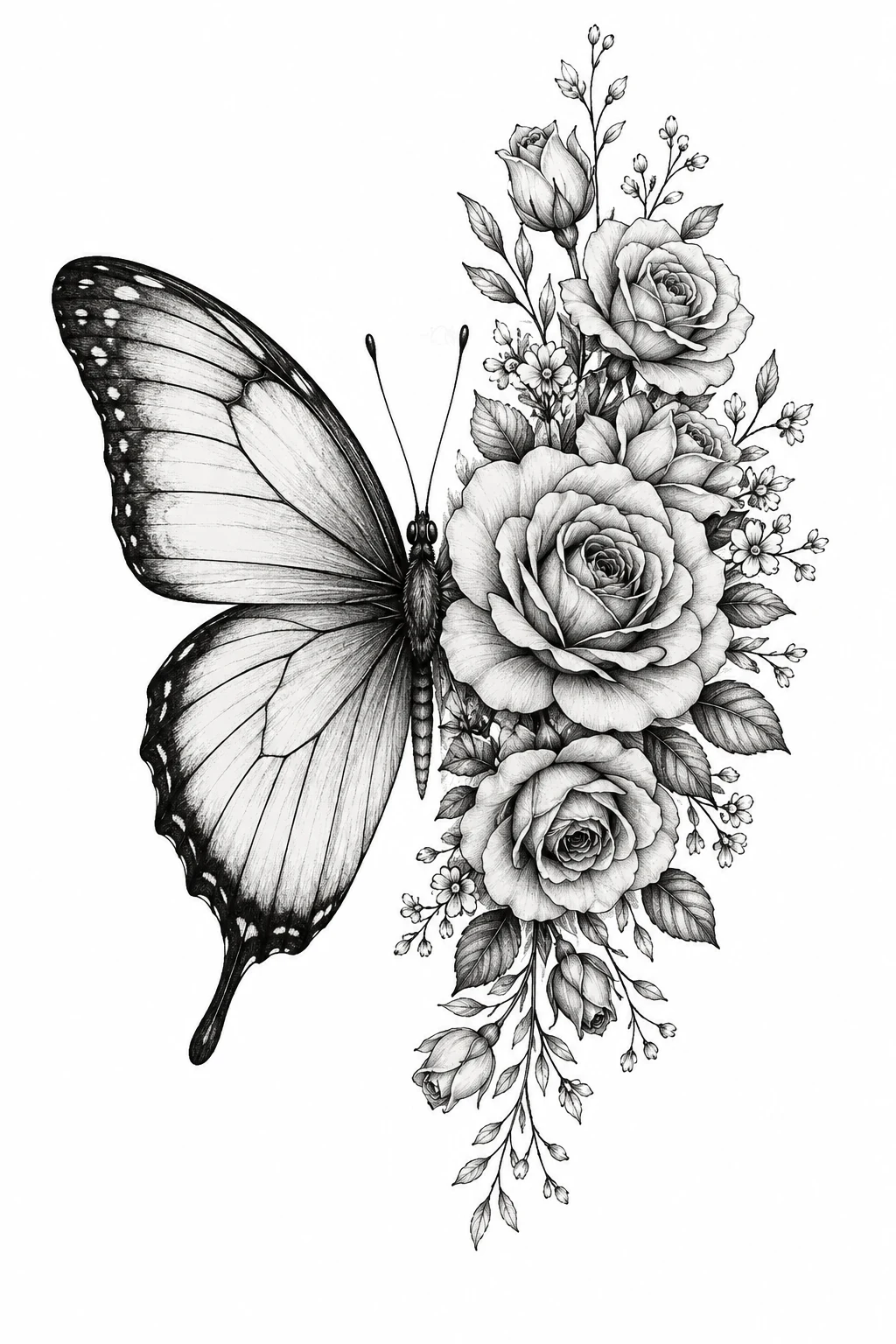 Half Butterfly Half Flower Tattoo With Rose Bouquet — half butterfly half flower tattoo style outfit